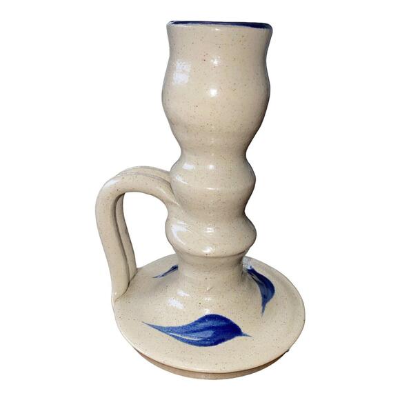 Williamsburg Pottery Candlestick Holder Salt Glazed Cobalt Blue Leaf Gray - Picture 4 of 9